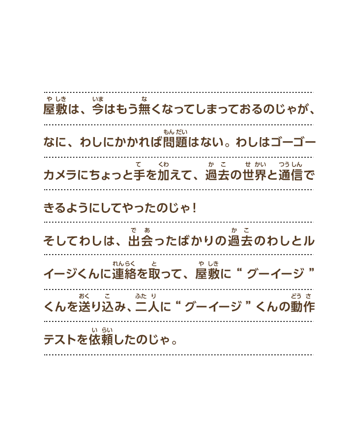 屋敷は、今はもう無くなってしまっておるのじゃが、なに、わしにかかれば問題はない。 わしはゴーゴーカメラにちょっと手を加えて、過去の世界と通信できるようにしてやったのじゃ！そしてわしは、出会ったばかりの過去のわしとルイージくんに連絡を取って、屋敷に“グーイージ”くんを送り込み、二人に“グーイージ”くんの動作テストを依頼したのじゃ。