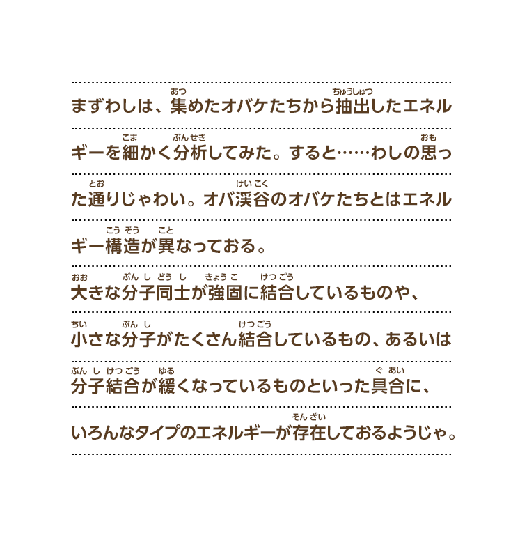 まずわしは、集めたオバケたちから抽出したエネルギーを細かく分析してみた。すると……わしの思った通りじゃわい。 オバ渓谷のオバケたちとはエネルギー構造が異なっておる。大きな分子同士が強固に結合しているものや、小さな分子がたくさん結合しているもの、あるいは分子結合が緩くなっているものといった具合に、いろんなタイプのエネルギーが存在しておるようじゃ。