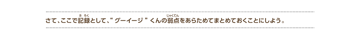 さて、ここで記録として、“グーイージ”くんの弱点をあらためてまとめておくことにしよう。