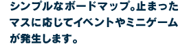 シンプルなボードマップ。止まったマスに応じてイベントやミニゲームが発生します。
