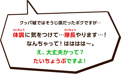 クッパ城ではそうじ係だったボクですが…体調に気をつけて…隊長やります…！なんちゃって！はははは～。え、大丈夫かって？たいちょうぶですよ！
