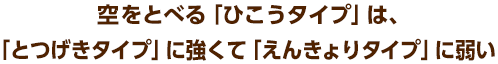 空をとべる「ひこうタイプ」は、「とつげきタイプ」に強くて「えんきょりタイプ」に弱い