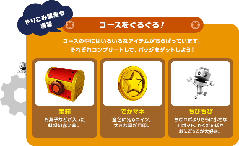 やりこみ要素も満載 コースをぐるぐる！ コースの中にはいろいろなアイテムがちらばっています。それぞれコンプリートして、バッジをゲットしよう！ 宝箱:お菓子などが入った魅惑の赤い箱。 でかマネ:金色に光るコイン。大きな星が目印。 ちびちび：ちびロボよりさらに小さなロボット。かくれんぼやおにごっこが大好き。