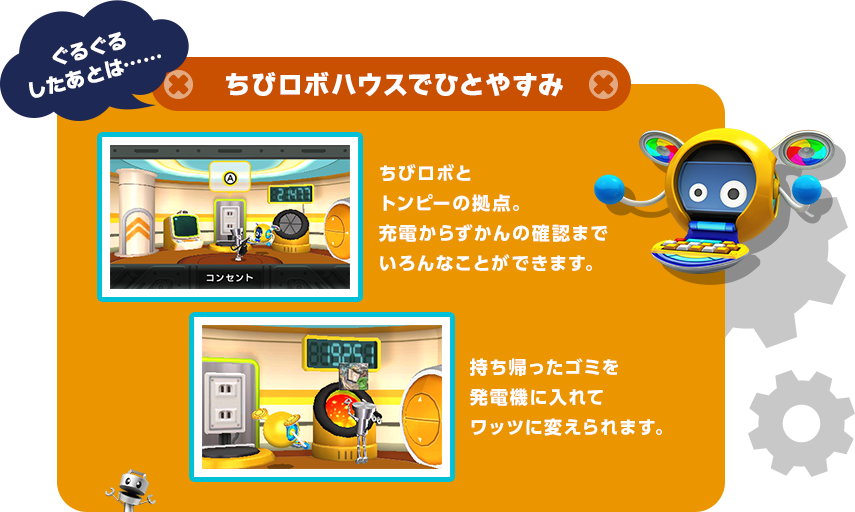 ぐるぐるしたあとは…… ちびロボハウスでひとやすみ ちびロボとトンピーの拠点。充電からずかんの確認までいろんなことができます。持ち帰ったゴミを発電機に入れてワッツに変えられます。