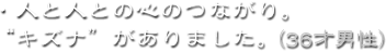 ・人と人との心のつながり。“キズナ”がありました。（36才男性）