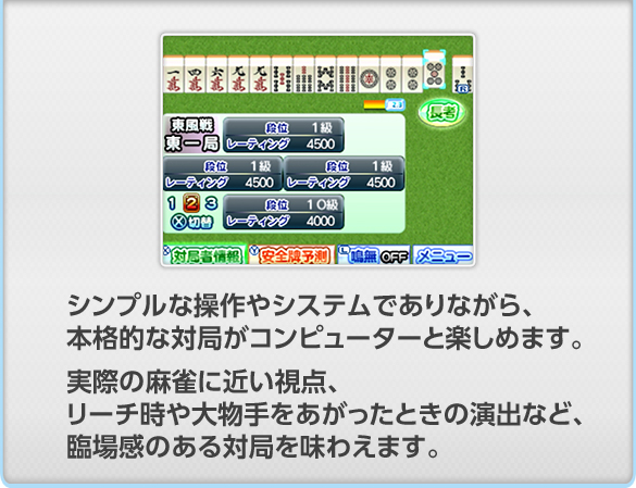 �V���v���ȑ����V�X�e���ł���Ȃ���A�{�i�I�ȑ΋ǂ��R���s���[�^�[�Ɗy���߂܂��B���ۂ̖����ɋ߂����_�A���[�`����啨������������Ƃ��̉��o�ȂǁA�Տꊴ�̂���΋ǂ𖡂킦�܂��B