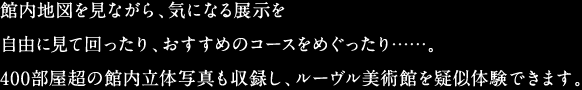 館内地図を見ながら、気になる展示を自由に見て回ったり、おすすめのコースをめぐったり……。400部屋超の館内立体写真も収録し、ルーヴル美術館を疑似体験できます。