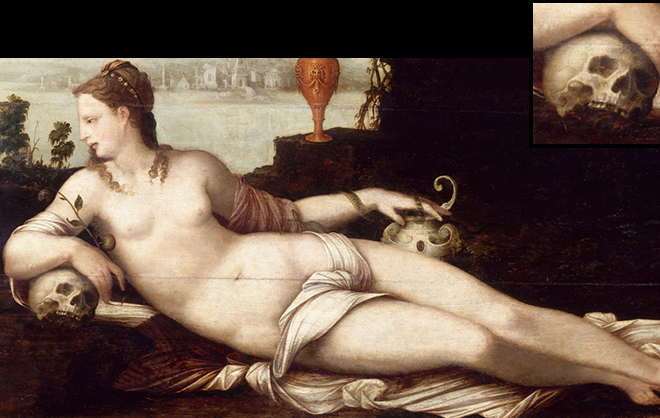 Q 女性が肘をかけているのは頭蓋骨。なぜ？