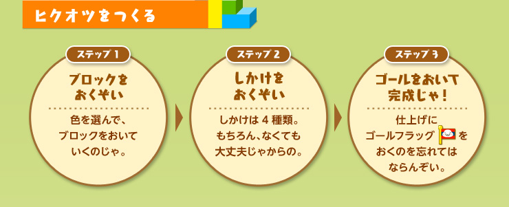 ヒクオツをつくる ステップ1：ブロックをおくぞい 色を選んで、ブロックをおいて いくのじゃ。 ステップ2：しかけをおくぞい しかけは4種類。もちろん、なくても 大丈夫じゃからの。 ステップ3：ゴールをおいて完成じゃ！ 仕上げにゴールフラッグをおくのを忘れてはならんぞい。
