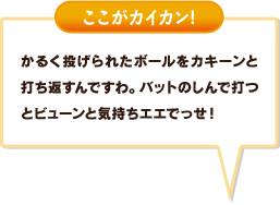 かるく投げられたボールをカキーンと打ち返すんですわ。しんで打つとビューンと気持ちエエでっせ！
