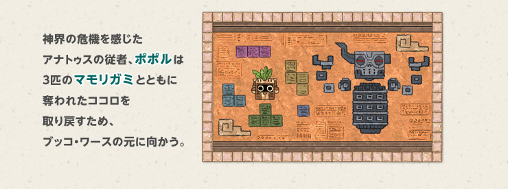 神界の危機を感じたアナトゥスの従者、ポポルは３匹のマモリガミとともに奪われたココロを取り戻すため、ブッコ・ワースの元に向かう。