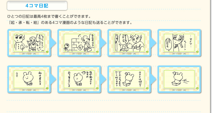 4コマ日記　ひとつの日記は最高4枚まで書くことができます。「起・承・転・結」のある4コマ漫画のような日記も送ることができます。