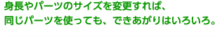 身長やパーツのサイズを変更すれば、同じパーツを使っても、できあがりはいろいろ。