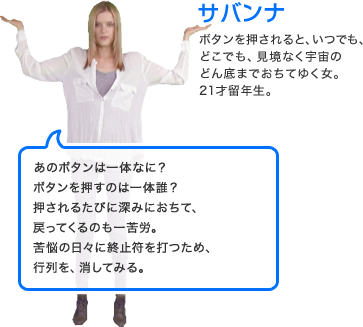 【サバンナ】ボタンを押されると、いつでも、どこでも、見境なく宇宙のどん底までおちてゆく女。21才留年生。「あのボタンは一体なに？ボタンを押すのは一体誰？押されるたびに深みにおちて、戻ってくるのも一苦労。苦悩の日々に終止符を打つため、行列を、消してみる。」