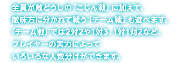 �S�����G�ǂ����́u�������v�ɉ����āA�G�����ɕ�����Đ키�u�`�[����v���V�ׂ܂��B�u�`�[����v�ł�2��2��1��3�A1��1��2�ȂǁA�v���C���[�̎��͂ɂ���Ă��낢��Ȑl���������ł��܂��B