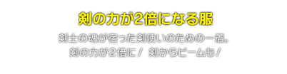 剣の力が2倍になる服　剣士の魂が宿った剣使いのための一着。剣の力が2倍に！剣からビームも！