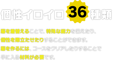 個性イロイロ36種類　服を着替えることで、特殊な能力を備えたり、個性を際立たせたりすることができます。服を作るには、コースをクリアしたりすることで手に入る材料が必要です。