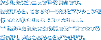 ���������v�w�j�l�ŏZ�ޏꏊ�ł��B��������ƁA������̈ꌬ�Ƃƃ}���V�������s�����藈���肷��悤�ɂȂ�܂��B�q�������܂ꂽ�v�w�̉Ƃł͎q��Ă�������΂܂����p�����邱�Ƃ��ł��܂��B