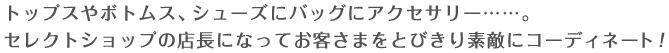 トップスやボトムス、シューズにバッグにアクセサリー……。セレクトショップの店長になってお客さまをとびきり素敵にコーディネート！