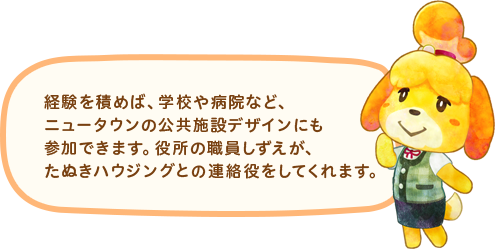 経験を積めば、学校や病院など、ニュータウンの公共施設デザインにも参加できます。役所の職員しずえが、たぬきハウジングとの連絡役をしてくれます。