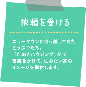 依頼を受ける　ニュータウンに引っ越してきたどうぶつたち。「たぬきハウジング」前で営業をかけて、住みたい家のイメージを取材します。