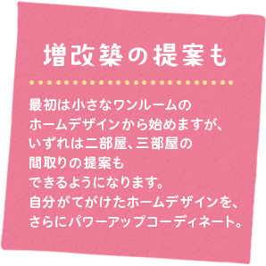 増改築の提案も　最初は小さなワンルームのホームデザインから始めますが、いずれは二部屋、三部屋の間取りの提案もできるようになります。自分がてがけたホームデザインを、さらにパワーアップコーディネート。