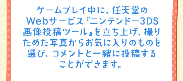 ゲームプレイ中に、任天堂のWebサービス『ニンテンドー3DS画像投稿ツール』を立ち上げ、撮りためた写真からお気に入りのものを選び、コメントと一緒に投稿することができます。