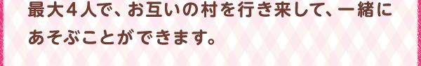 最大４人で、お互いの村を行き来して、一緒にあそぶことができます。