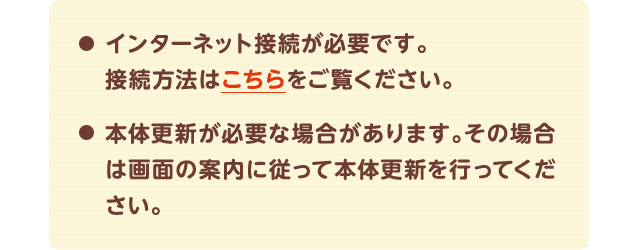 インターネット接続が必要です。接続方法はこちらをご覧ください。本体更新が必要な場合があります。その場合は画面の案内に従って本体更新を行ってください。