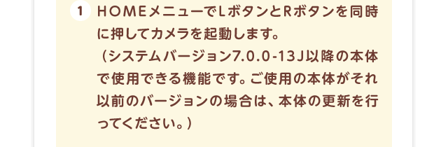 1.HOMEメニューでLボタンとRボタンを同時に押してカメラを起動します。（システムバージョン7.0.0-13J以降の本体で使用できる機能です。ご使用の本体がそれ以前のバージョンの場合は、本体の更新を行ってください。）