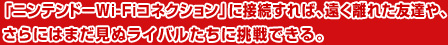 「ニンテンドーWi-Fiコネクション」に接続すれば、遠く離れた友達や、さらにはまだ見ぬライバルたちに挑戦できる。