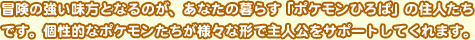 冒険の強い味方となるのが、あなたの暮らす「ポケモンひろば」の住人たちです。個性的なポケモンたちが様々な形で主人公をサポートしてくれます。