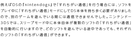 �j���e���h�[3DS�ł́A�X���[�v���[�h���ɖ{�̎��̂������̃\�t�g�́u���ꂿ�����ʐM�v�������I�ɍs���܂��̂ŁA�ǂ̃\�t�g��V��ł���r���ł����Ă��A���ꂼ��̃\�t�g�́u���ꂿ�����ʐM�v���ł��܂��B