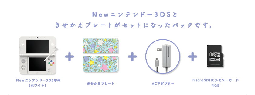 Newニンテンドー3DSときせかえプレートがセットになったパックです。Newニンテンドー3DS本体(ホワイト)+きせかえプレート+ACアダプター+microSDHCメモリーカード4GB