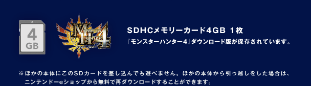 SDHCメモリーカード4GB 1枚 『モンスターハンター4』ダウンロード版が保存されています。※ほかの本体にこのSDカードを差し込んでも遊べません。ほかの本体から引っ越しをした場合は、ニンテンドーeショップから無料で再ダウンロードすることができます。