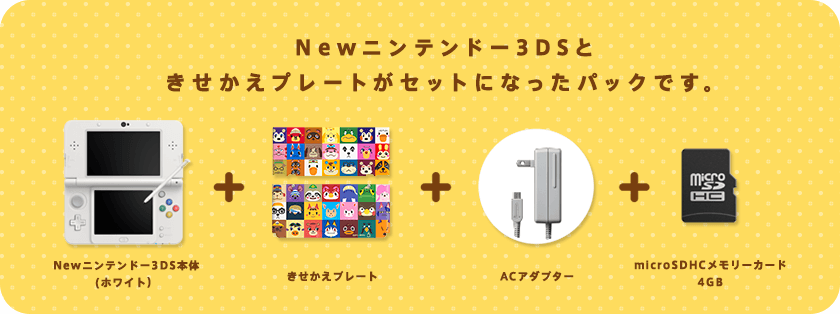 Newニンテンドー3DSときせかえプレートがセットになったパックです。Newニンテンドー3DS本体(ホワイト)+きせかえプレート+ACアダプター+microSDHCメモリーカード4GB