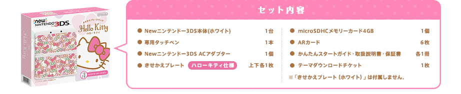 セット内容Newニンテンドー3DS本体(ホワイト)1台/専用タッチペン1本/Newニンテンドー3DS ACアダプター1個/きせかえプレート ハローキティ仕様 上下各1枚/microSDHCメモリーカード4GB 1個/ARカード6枚/かんたんスタートガイド・取扱説明書・保証書 各1冊/テーマダウンロードチケット1枚/※「きせかえプレート（ホワイト）」は付属しません。