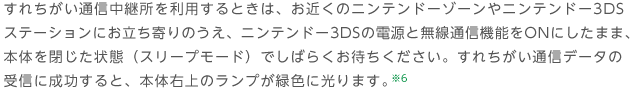 すれちがい通信中継所を利用するときは、お近くのニンテンドーゾーンやニンテンドー3DSステーションにお立ち寄りのうえ、ニンテンドー3DSの電源と無線通信機能をONにしたまま、本体を閉じた状態（スリープモード）でしばらくお待ちください。すれちがい通信データの受信に成功すると、本体右上のランプが緑色に光ります。※6