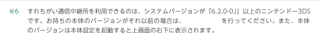 ※6 すれちがい通信中継所を利用できるのは、システムバージョンが「6.2.0-0J」以上のニンテンドー3DSです。お持ちの本体のバージョンがそれ以前の場合は、本体の更新を行ってください。また、本体のバージョンは本体設定を起動すると上画面の右下に表示されます。