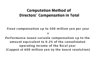 Computation method of directors compensation in total
Fixed compensation up to 500 million yen per year