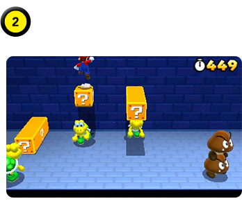 ブロックの上に上がって、画面奥の上方向にジャンプすると、ブロックの上にある高い段差に上がれる。