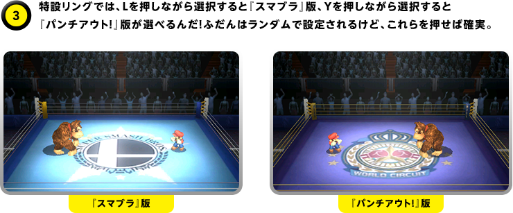 特設リングでは、Lを押しながら選択すると『スマブラ』版、Yを押しながら選択すると『パンチアウト!』版が選べるんだ！ふだんはランダムで設定されるけど、これらを押せば確実。