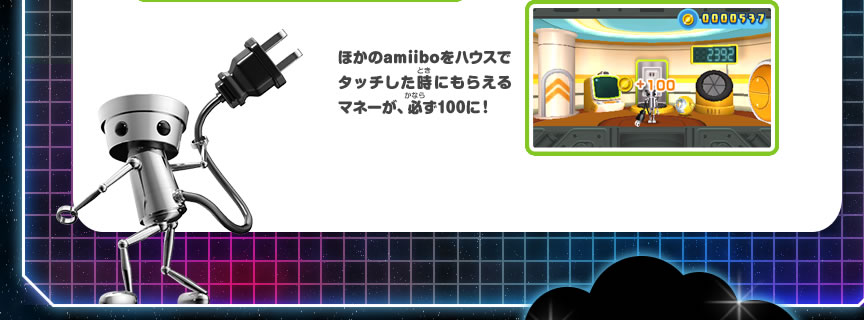 ほかのamiiboをハウスでタッチした時にもらえるマネーが、必ず100に！