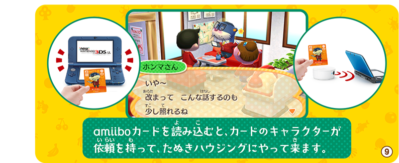 amiiboカードを読み込むと、カードのキャラクターが依頼を持って、たぬきハウジングにやって来ます。