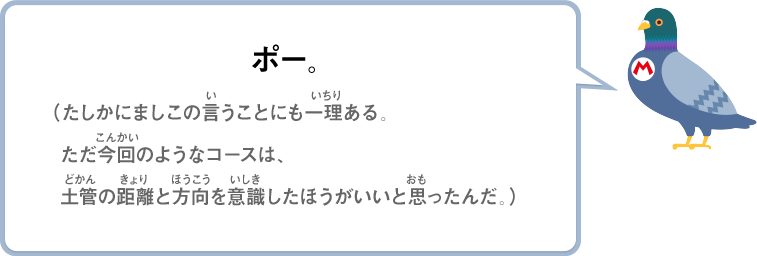 ポー。（たしかにましこの言うことにも一理ある。ただ今回のようなコースは、土管の距離と方向を意識したほうがいいと思ったんだ。）