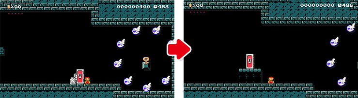 ①ましこのコースはカギドアのところから、右の方にあるカギが丸見えなんだけど、カギドアが開かないことに気がついたあとに、すこし鍵を探してもらいたいので、カギの位置を右にずらした。今回は「初めてカギドアを見る人」がテーマなので、見えるか見えないかくらいの位置にした。