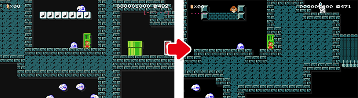 ②ここは、ドアを開けるとすぐ敵がいて、慌ただしいのが気になるね。敵にカギをもたせているようだけど、慌てて敵を倒してしまってよくわからないままカギをとってしまう……というようなドタバタした展開にならないように、ドアの位置を変えた。それから敵も「ネッチー」じゃなくてクリボーに変えた。その理由はのちほど……。