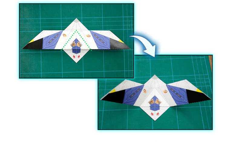 裏返して、緑の線で示した部分を、軽く谷折りして折り目をつけておきます。