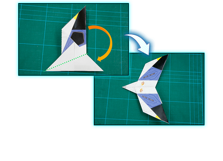 緑の線で示した部分で谷折りします。