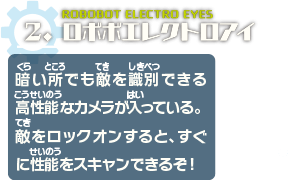 ロボボエレクトロアイ　暗い所でも敵を識別できる高性能なカメラが入っている。敵をロックオンすると、すぐに性能をスキャンできるぞ！